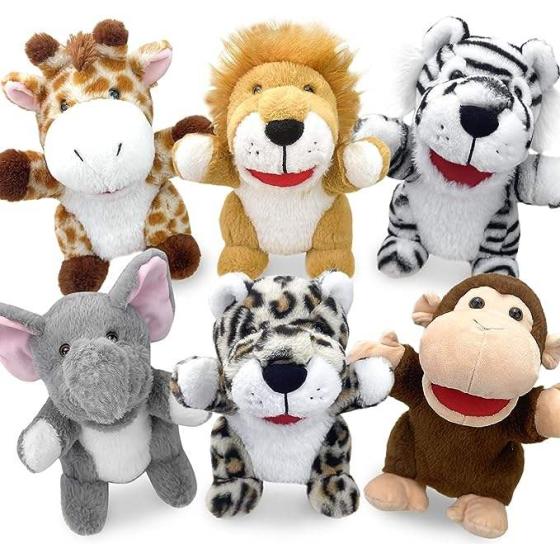 6Pcs Unisex Kids Hand Puppet Set Animal Plush Toy Monkey Tiger Elephant Lion With Working Mouth Made Of Eco-Friendly PP Cotton