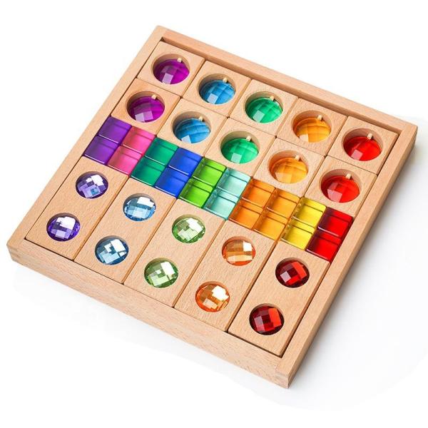 Large Acrylic Rainbow Stacker High-Light Gem Cubes Educational Wooden Construction Toy for Children to Play & Build Blocks