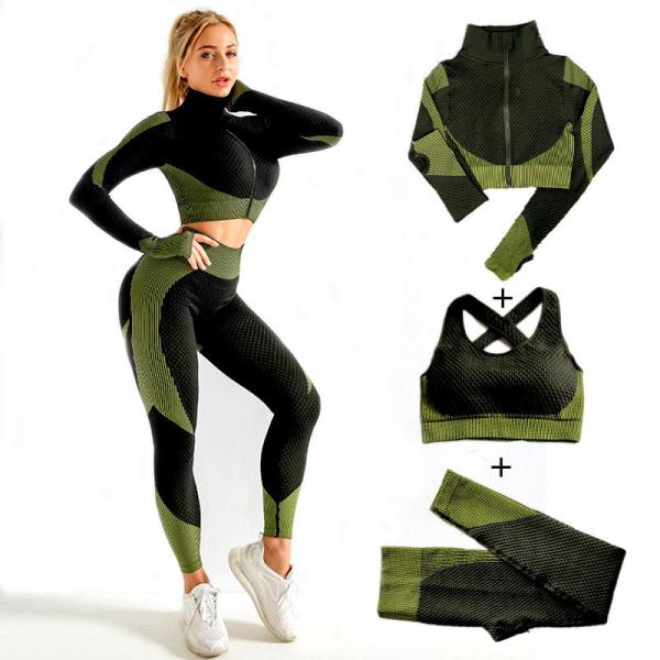 3Pcs Women's Zipper athletic workout Long Sleeve +Sport Bra+Leggings fitness gym seamless oem odm custom yoga set