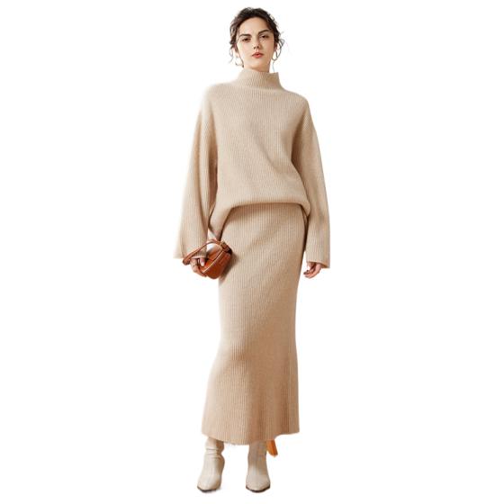 qiaoyatou autumn and winter fashion knitted two-piece set of irregular turtleneck cashmere sweater draped casual skirt for women